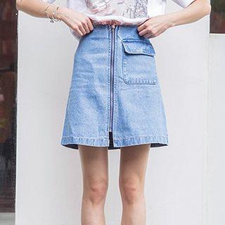 Zip Front A-line Denim Skirt