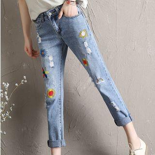Embroidered Distressed Slim Fit Jeans
