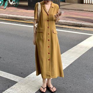 Elbow-sleeve A-line Midi Shirtdress Curcumin - One Size