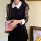 Dotted Mesh-sleeve Velvet A-line Dress Black - One Size