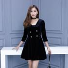 Double Breasted 3/4 Sleeve Velvet A-line Dress