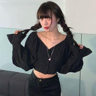 Flared-cuff V-neck Perforated Cropped Blouse Black - One Size