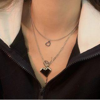 Heart Pendant Layered Necklace Silver & Black - One Size