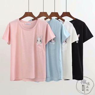 Short-sleeve Embroidered Rabbit Pocket T-shirt