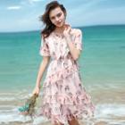 Short-sleeve Frill Trim Floral A-line Chiffon Dress