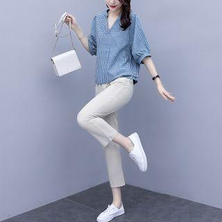 Set: Puff-sleeve Plaid Blouse + Cropped Straight Leg Pants