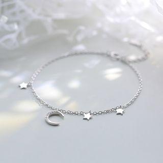 925 Sterling Silver Rhinestone Moon & Star Bracelet Silver - One Size