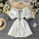 Puff-sleeve Off-shoulder Contrast Trim Mini A-line Dress