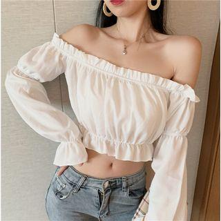 Off-shoulder Ruffle-trim Chiffon Top White - One Size