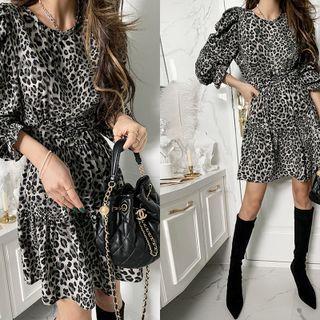 Puff-sleeve Shirred Leopard Dress Gray - One Size