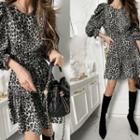 Puff-sleeve Shirred Leopard Dress Gray - One Size