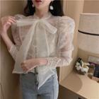 Puff-sleeve Tie Neck Lace Top Almond - One Size