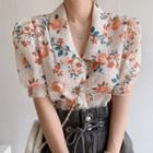 Puff Sleeve Floral Print Embroidered Button-up Shirt