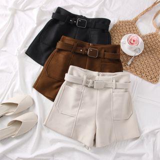 High-waist Woolen Shorts With Belt