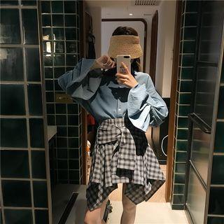 Denim Shirt / Asymmetric A-line Plaid Skirt