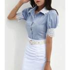 Puff-sleeve Lace-trim Slim-fit Blouse