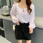Long-sleeve Tie-neck Floral Top