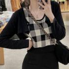 Sleeveless Check Knit Top / Cropped Cardigan