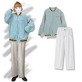 Letter Embroidered Button Jacket / Straight-fit Jeans