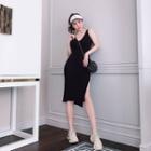 Plain Sleeveless Slit Knit Midi Bodycon Dress Black - One Size