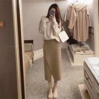 Set: Cable Knit Sweater + Slit Midi Pencil Skirt