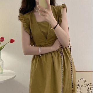 Set: Spaghetti Strap A-line Midi Dress + Sleeveless Crop Top Set Of 2 - Sleeveless Top & Spaghetti Strap Dress - Green - One Size