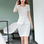Slim-fit Short-sleeve Peplum Top / High Waist Pencil Skirt / Cropped Dress Pants / Set