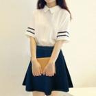 Set: Striped Elbow Sleeve Shirt + A-line Denim Skirt