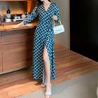 3/4-sleeve Retro Print Midi Wrap Dress