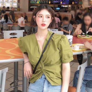 V-neck Short-sleeve Blouse Avocado Green - One Size