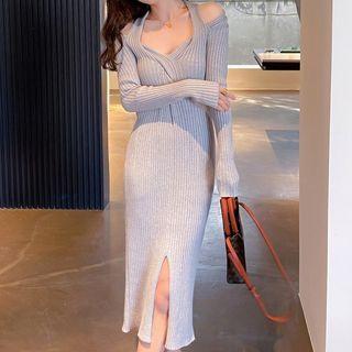 Long-sleeve Halter Off-shoulder V-neck Plain Slit Dress