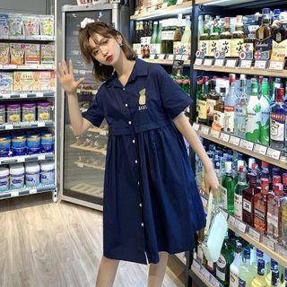 Short-sleeve Pineapple Embroidered Shirtdress Blue - One Size