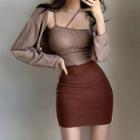 Long-sleeve Cropped Cardigan / Camisole / Mini Skirt