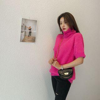 Turtleneck Short-sleeve Fuzzy Sweater