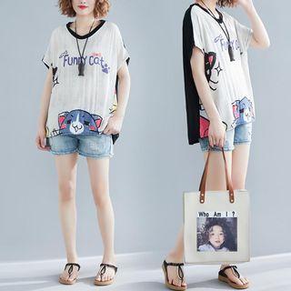 Short-sleeve Color Block Printed T-shirt As Shown In Figure - One Size