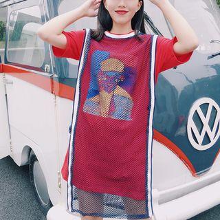 Set: Short-sleeve Printed T-shirt Dress + Mesh Tank Top