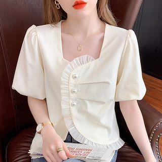 Puff-sleeve Square Neck Mesh Trim Blouse