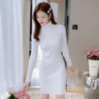 High-neck Faux Pearl Panel Knit A-line Dress