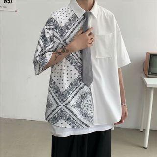 Elbow-sleeve Paisley Print Panel Shirt