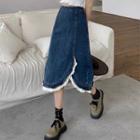 High-waist Lace Panel Asymmetric Denim Skirt