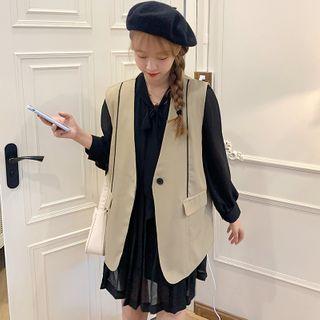 Set: Puff-sleeve A-line Dress + Buttoned Vest
