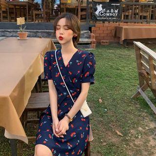 Cherry Print Short-sleeve Slim-fit Dress Navy Blue - One Size