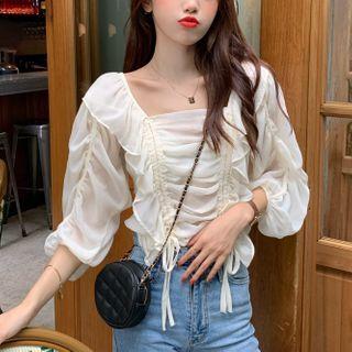 Puff-sleeve Crinkled Top Almond - One Size