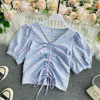 V-neck Drawstring Check Blouse