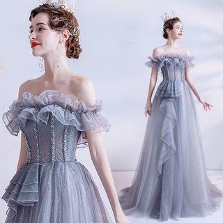 Off-shoulder Ruffled Mesh A-line Evening Gown