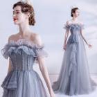Off-shoulder Ruffled Mesh A-line Evening Gown