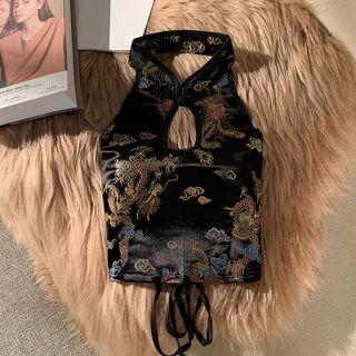 Halter Mandarin Collar Print Tank Top