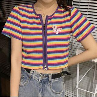 Butterfly Embroidered Striped Short-sleeve T-shirt