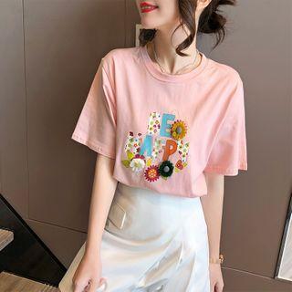 Flower Applique Lettering Elbow-sleeve T-shirt