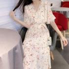 Puff-sleeve V-neck Ruffle Trim Print A-line Dress